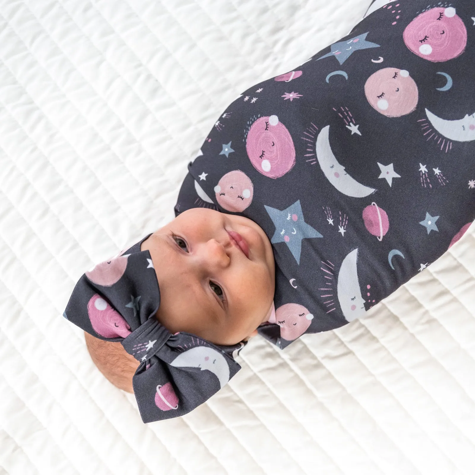 Pink To the Moon & Back Swaddle & Luxe Bow Headband Set