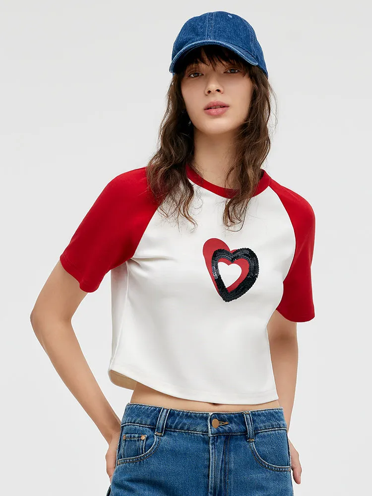 Raglan Sleeves Heart Printed Sequins Women Crop T-Shirt