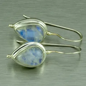 Rainbow Moonstone Pear Shape Earrings. 92.5% Sterling Silver