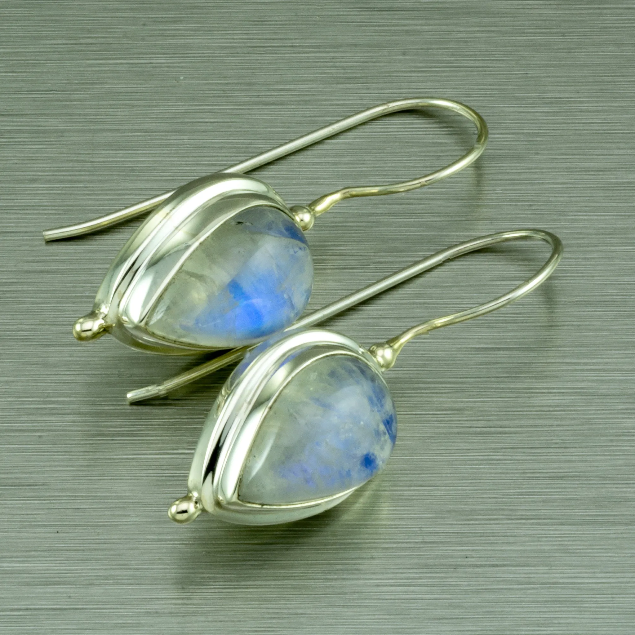 Rainbow Moonstone Pear Shape Earrings. 92.5% Sterling Silver