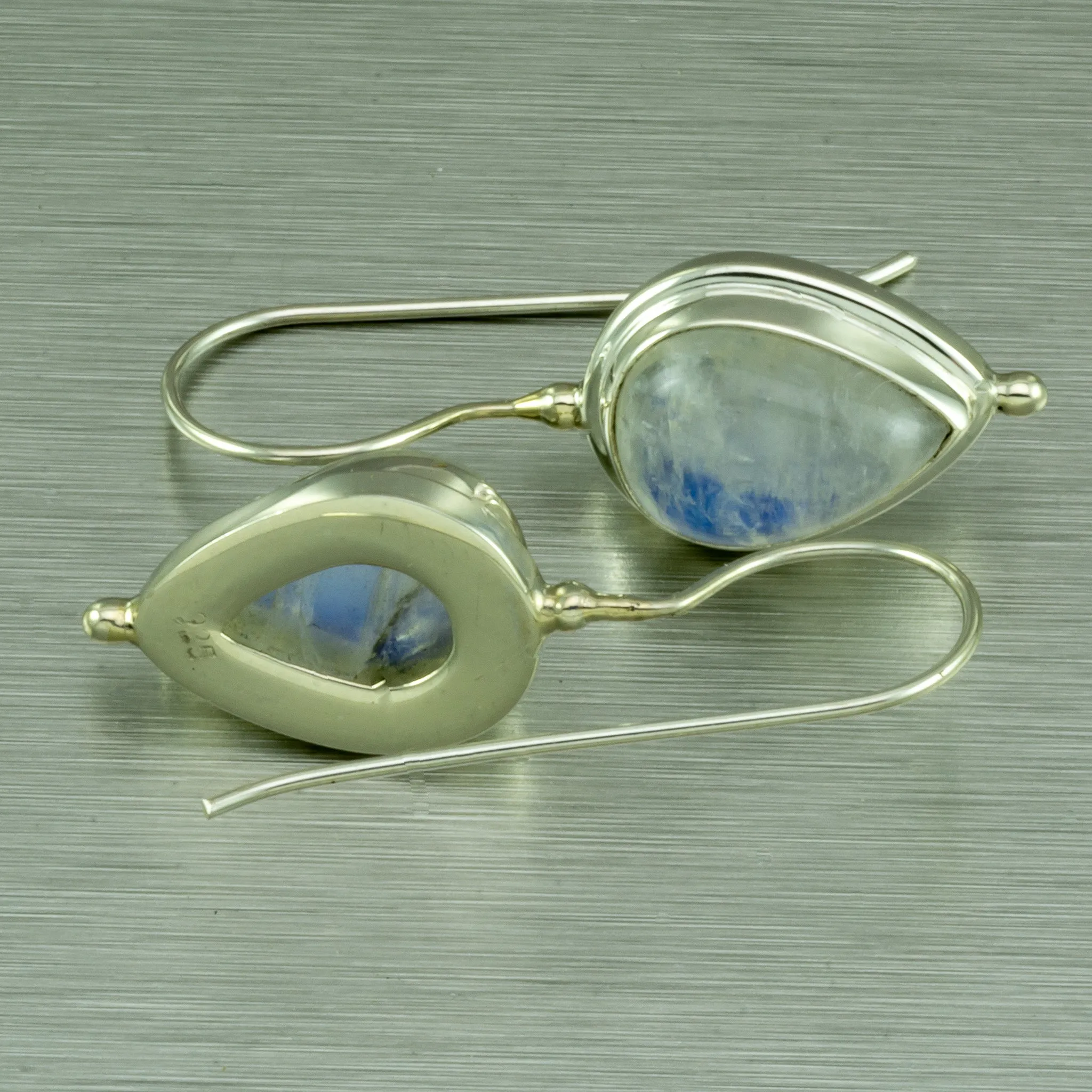 Rainbow Moonstone Pear Shape Earrings. 92.5% Sterling Silver