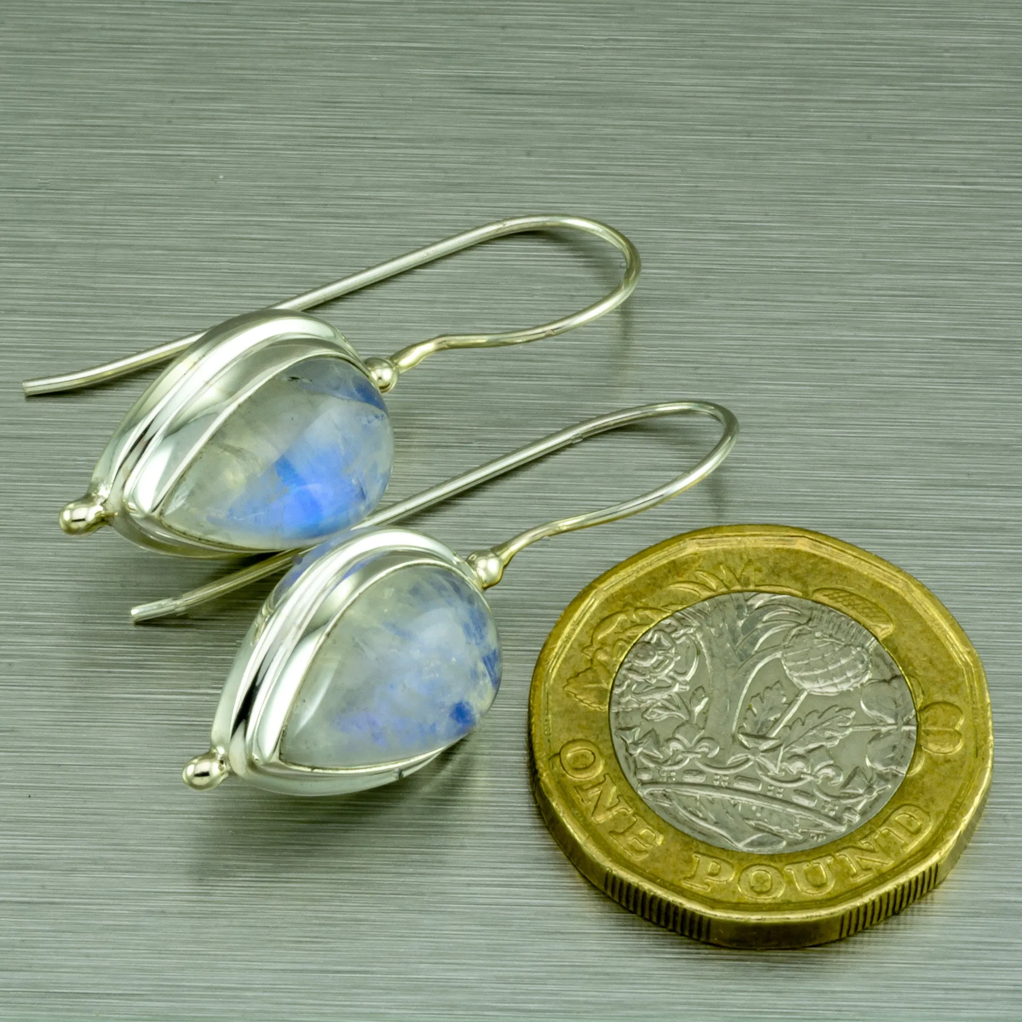 Rainbow Moonstone Pear Shape Earrings. 92.5% Sterling Silver