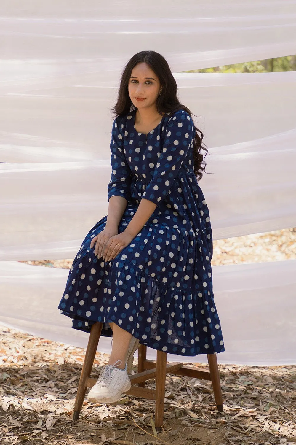 Round Neck Indigo Polka Graduated Dress