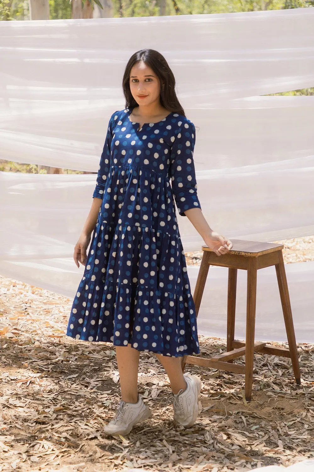 Round Neck Indigo Polka Graduated Dress