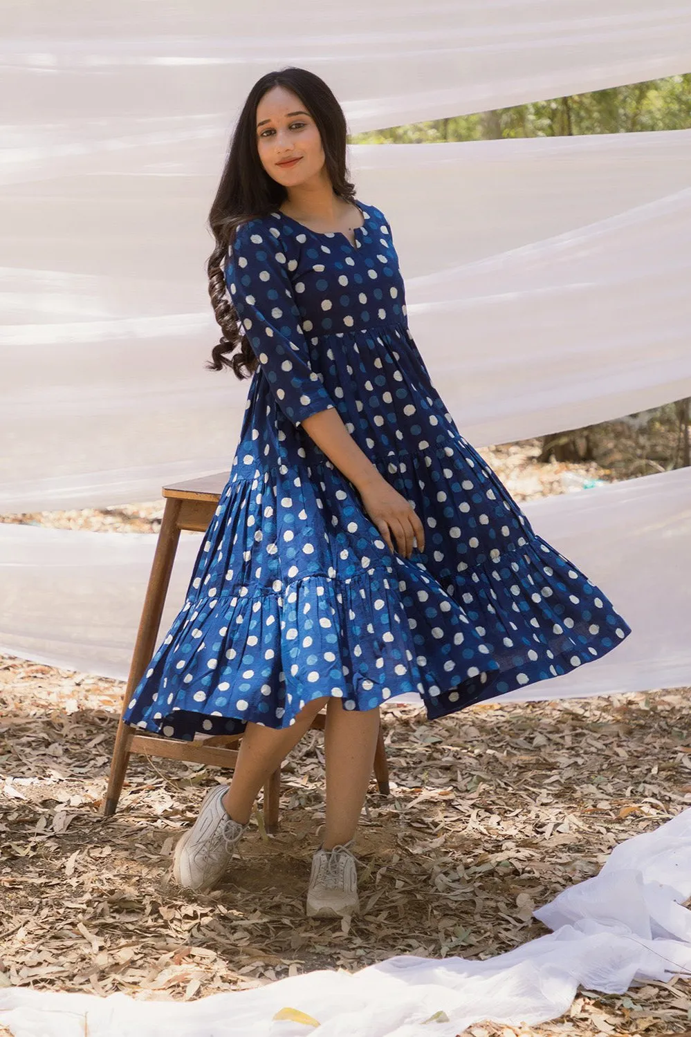 Round Neck Indigo Polka Graduated Dress