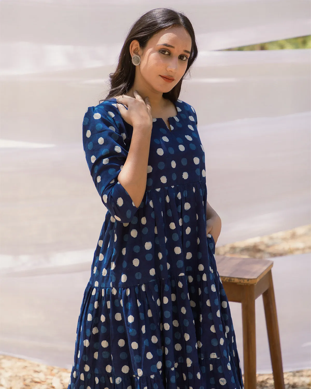 Round Neck Indigo Polka Graduated Dress