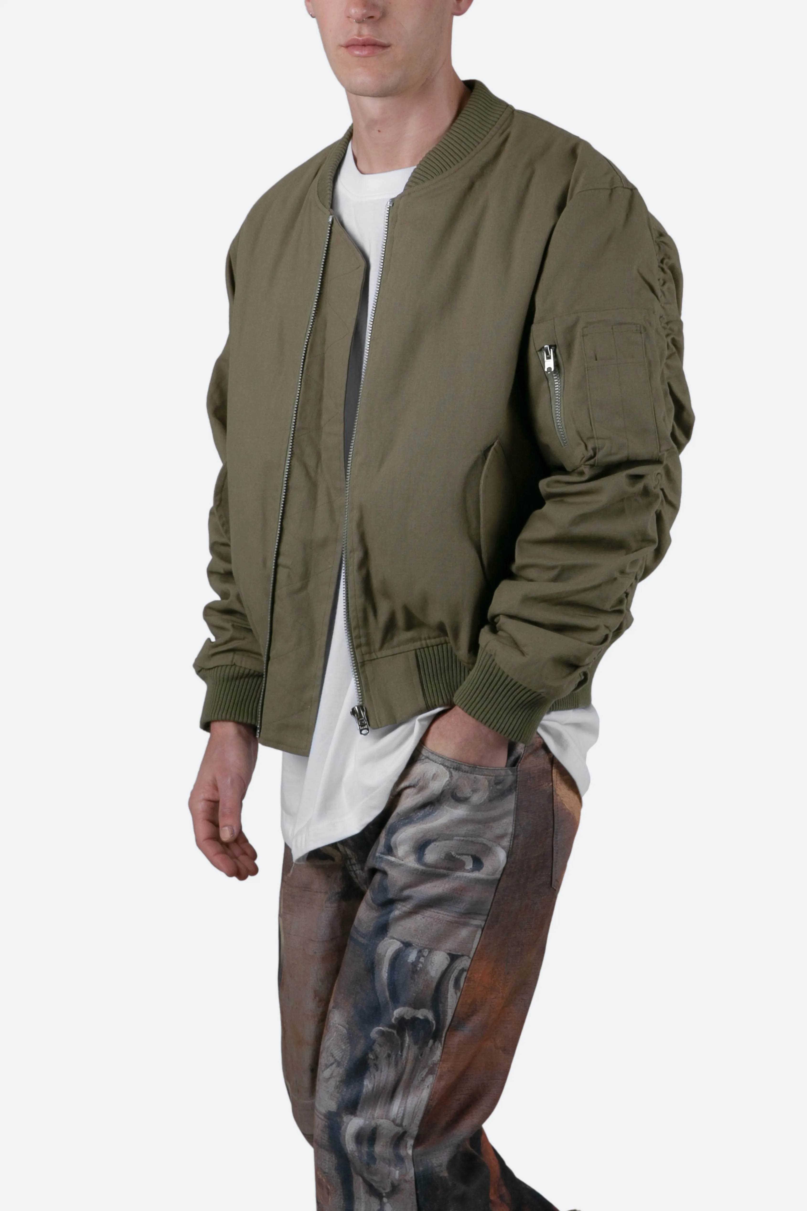 Ruched Bomber Jacket - Olive