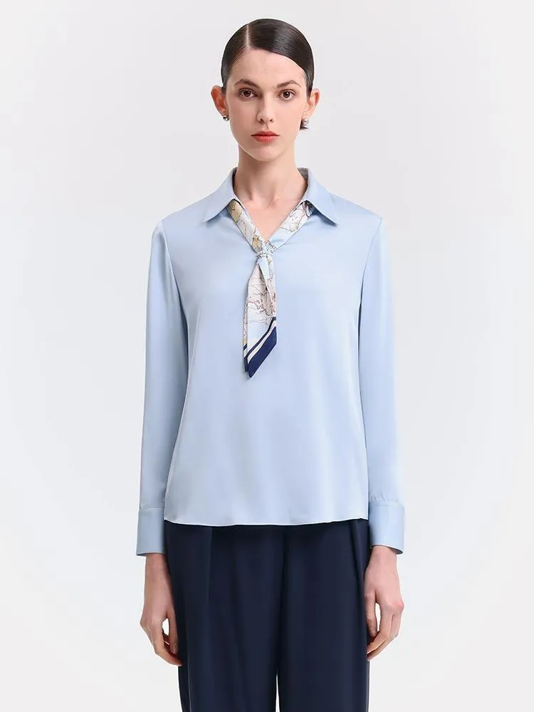 Silk V-Neck Woven Shirt With Silk Scarf