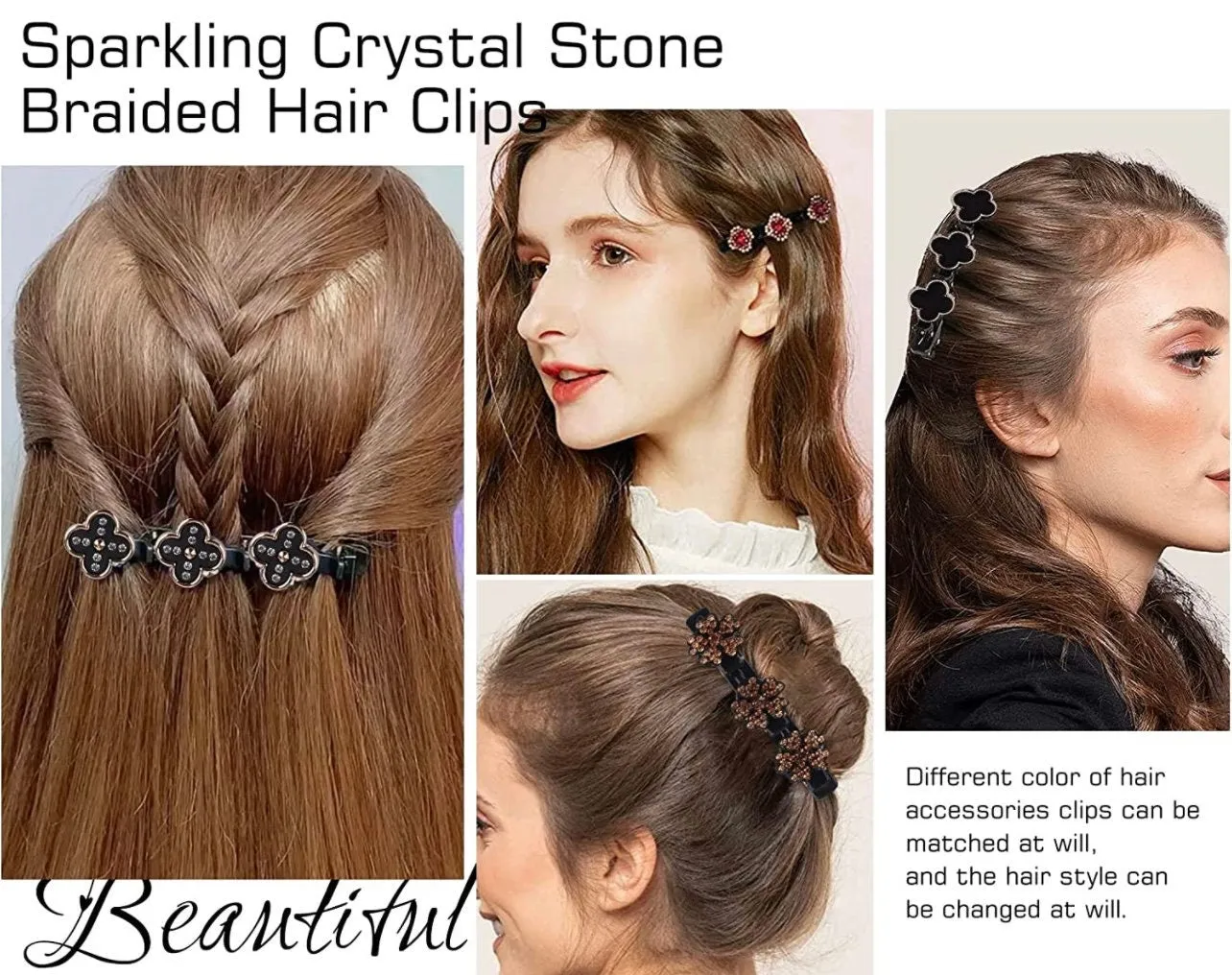 Sparkling Crystal Stone Braided Hair Clips for women Rhinestone & Pearl  Chopped Hairpin Triple Multi Clip