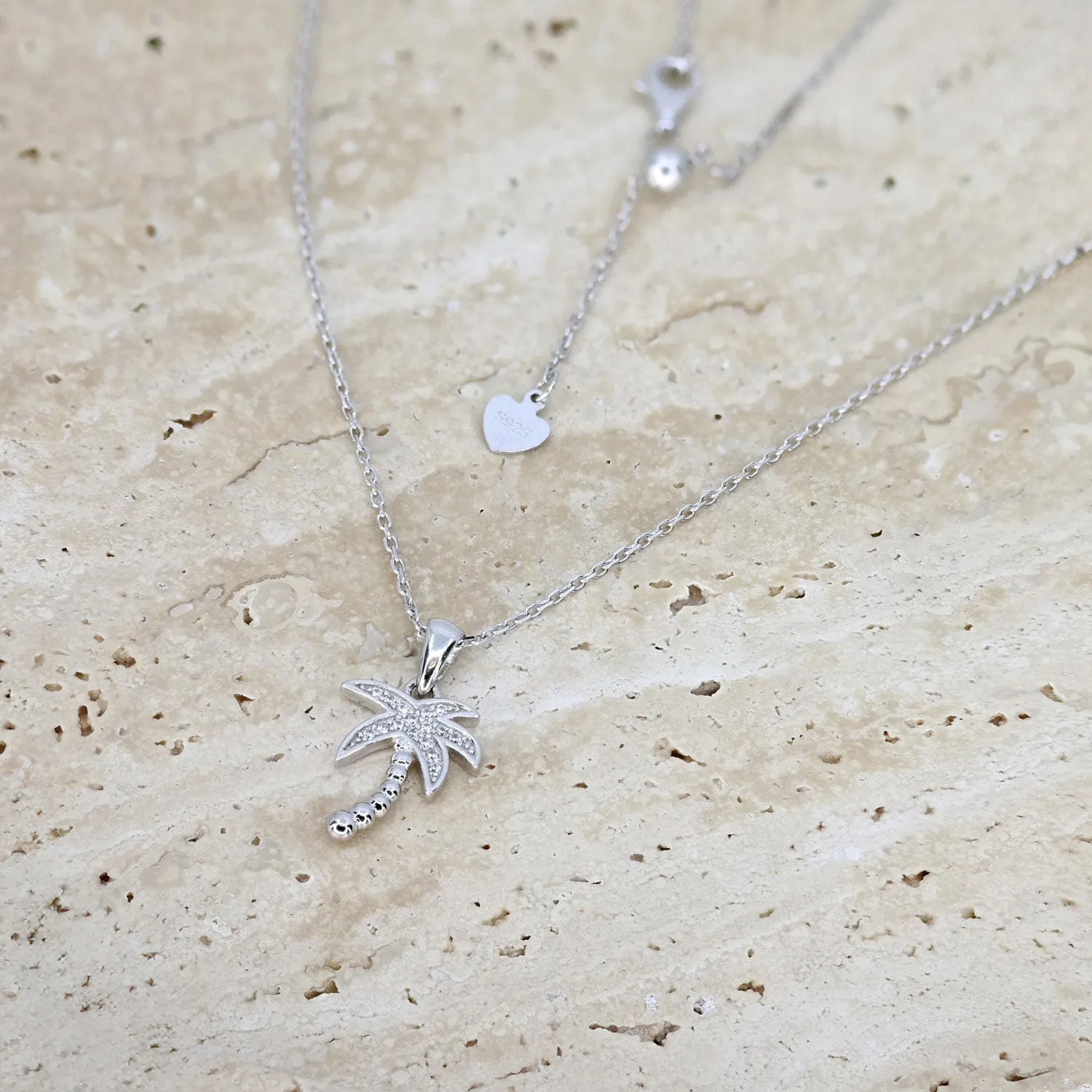 Sterling Silver CZ Palm Tree Adjustable Necklace