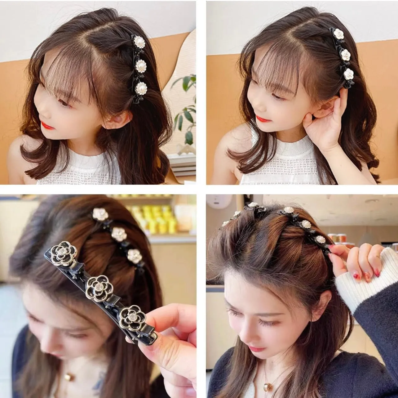 Stone Braided Hair Clips for women Rhinestone & Pearl  Chopped Hairpin Triple Multi Clip