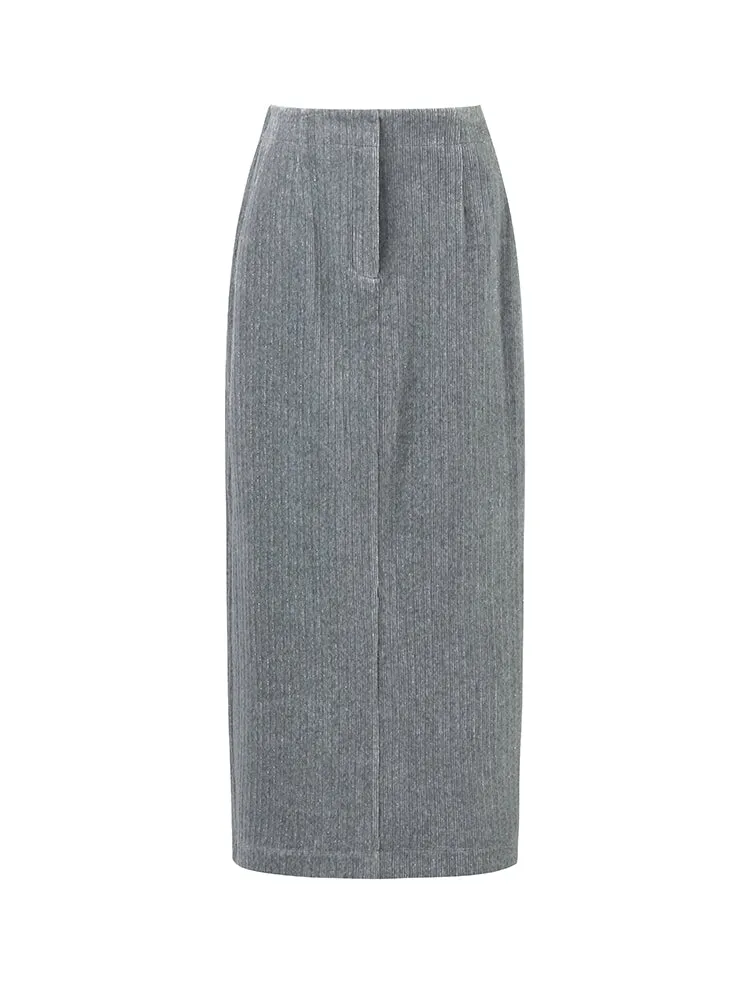 Stretch Back Slit Knitted Women Midi Skirt