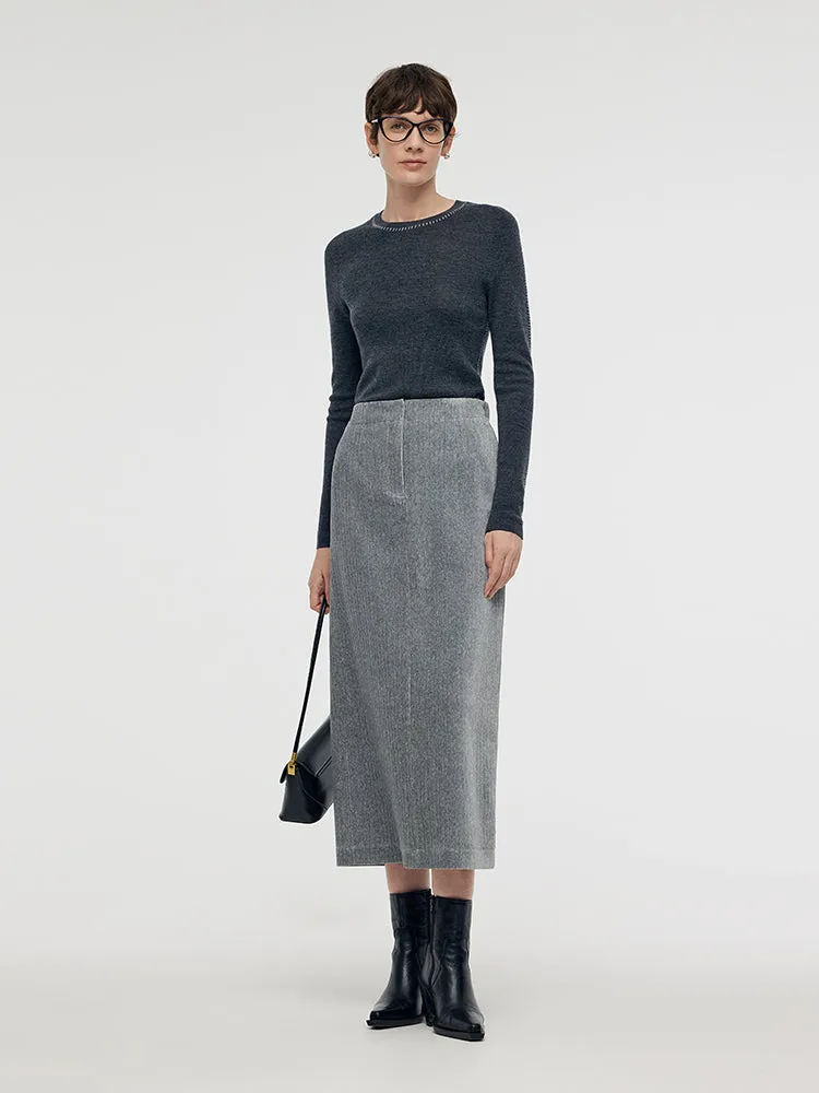 Stretch Back Slit Knitted Women Midi Skirt