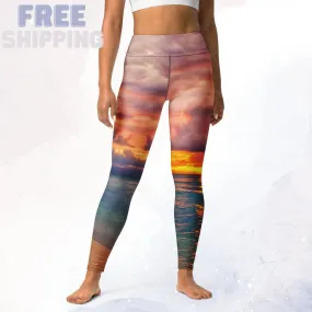 Sunset Photo Ocean Blue and Purple High Waist Comfort Leggings