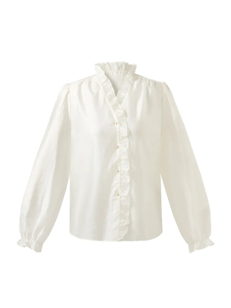 Tencel Ruffle Neck Women Shirt