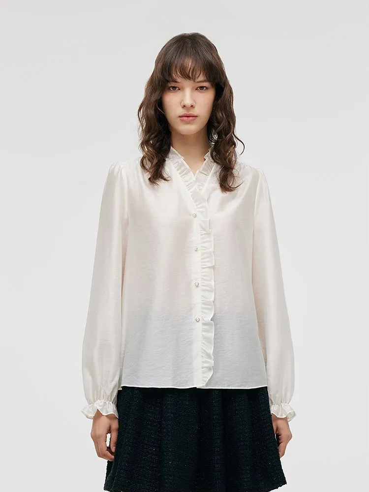 Tencel Ruffle Neck Women Shirt