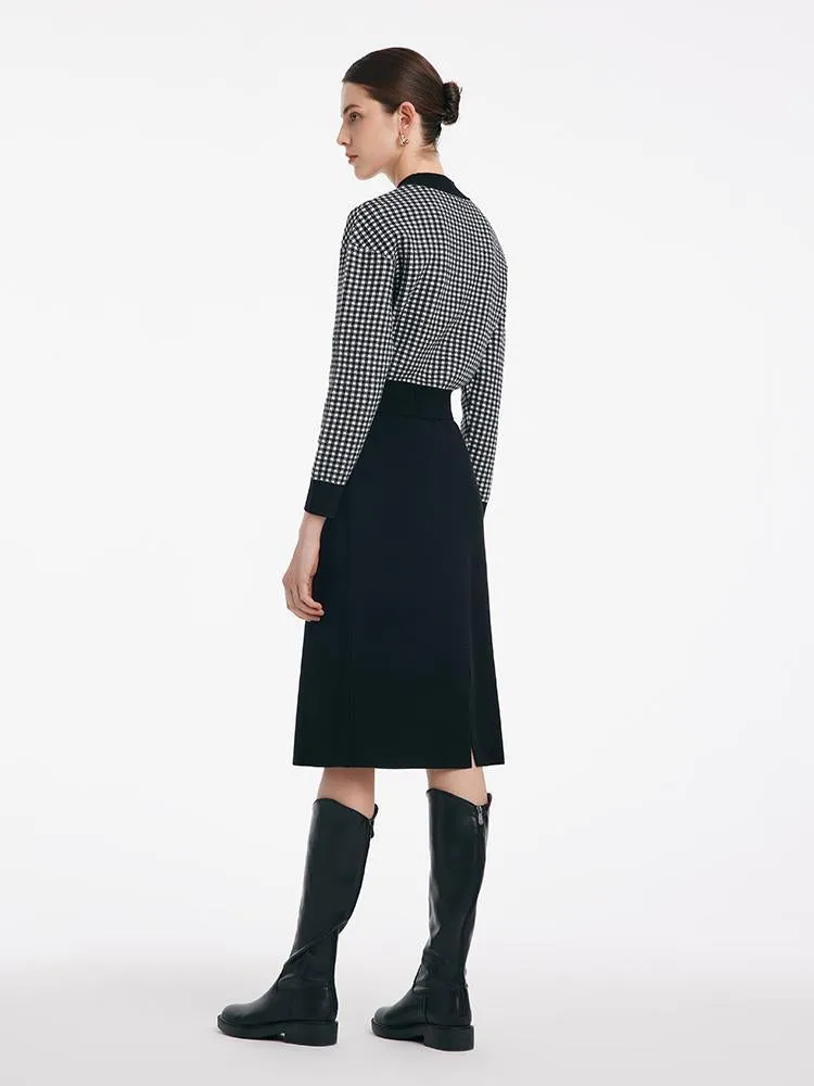 Tencel Wool Plaid Sweater And Slit Half Skirt Two-Piece Set