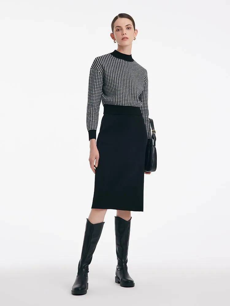 Tencel Wool Plaid Sweater And Slit Half Skirt Two-Piece Set