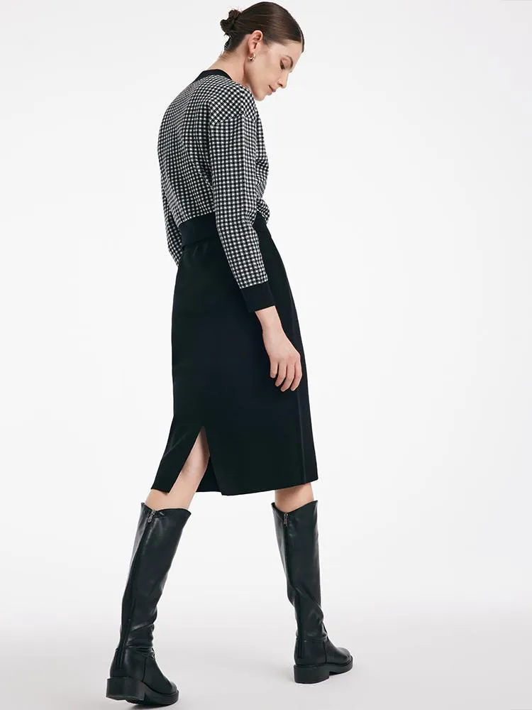 Tencel Wool Plaid Sweater And Slit Half Skirt Two-Piece Set