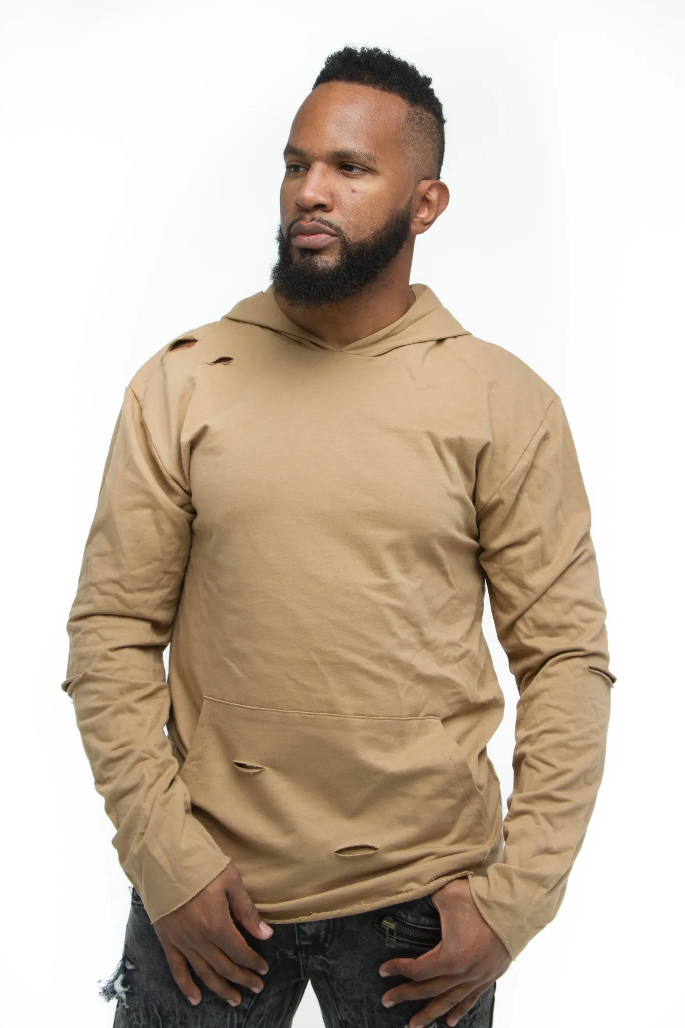 THE MYSTYLEMODE MENSWEAR TAN DISTRESSED HOODIE