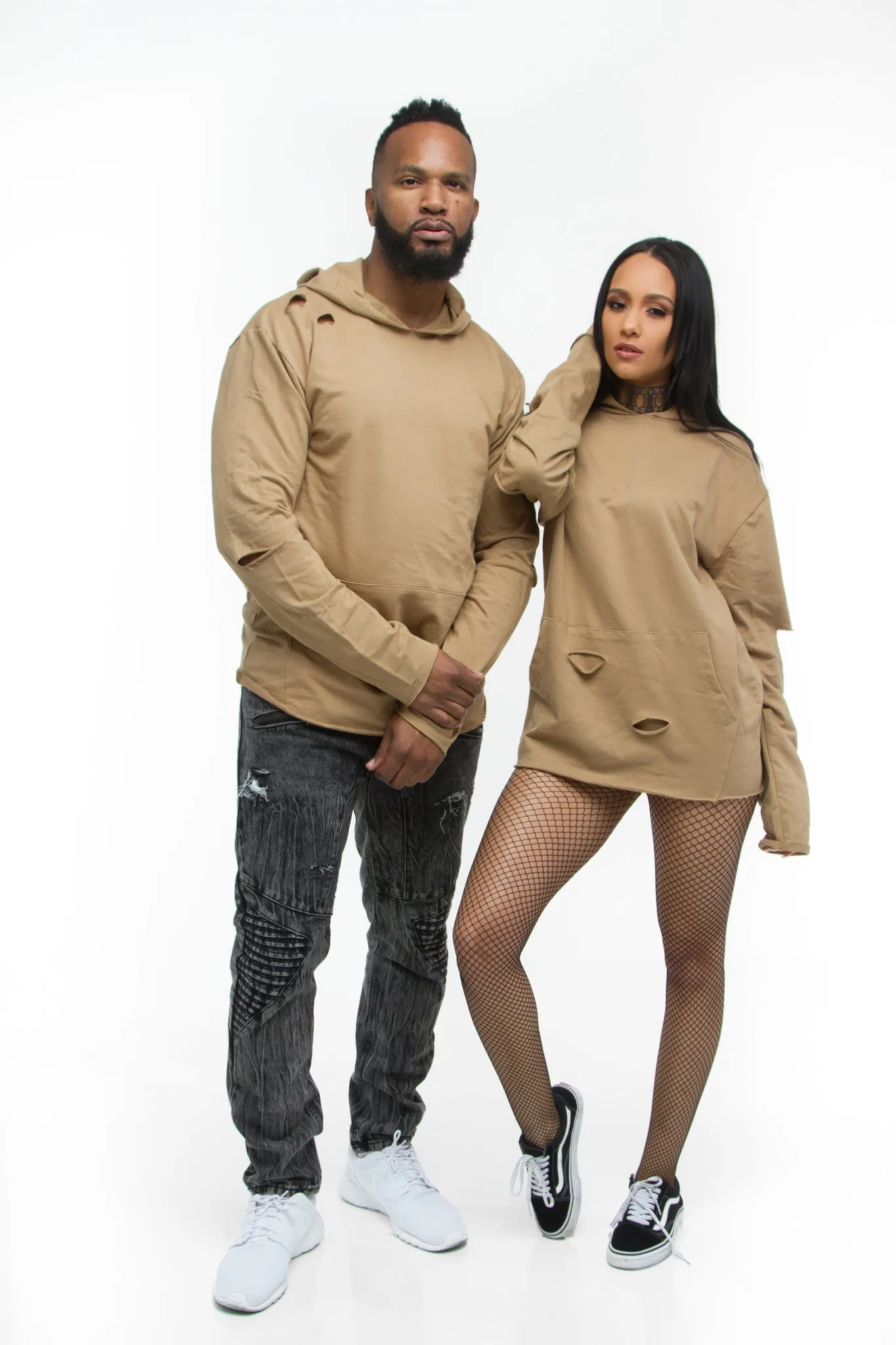 THE MYSTYLEMODE MENSWEAR TAN DISTRESSED HOODIE