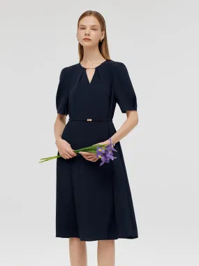 Triacetate Cut-Out Neck Women Midi Dress With Belt