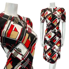 VINTAGE 60s 70s BLACK WHITE RED GEOMETRIC CHECKED MOD FIT & FLARE DRESS 10 12