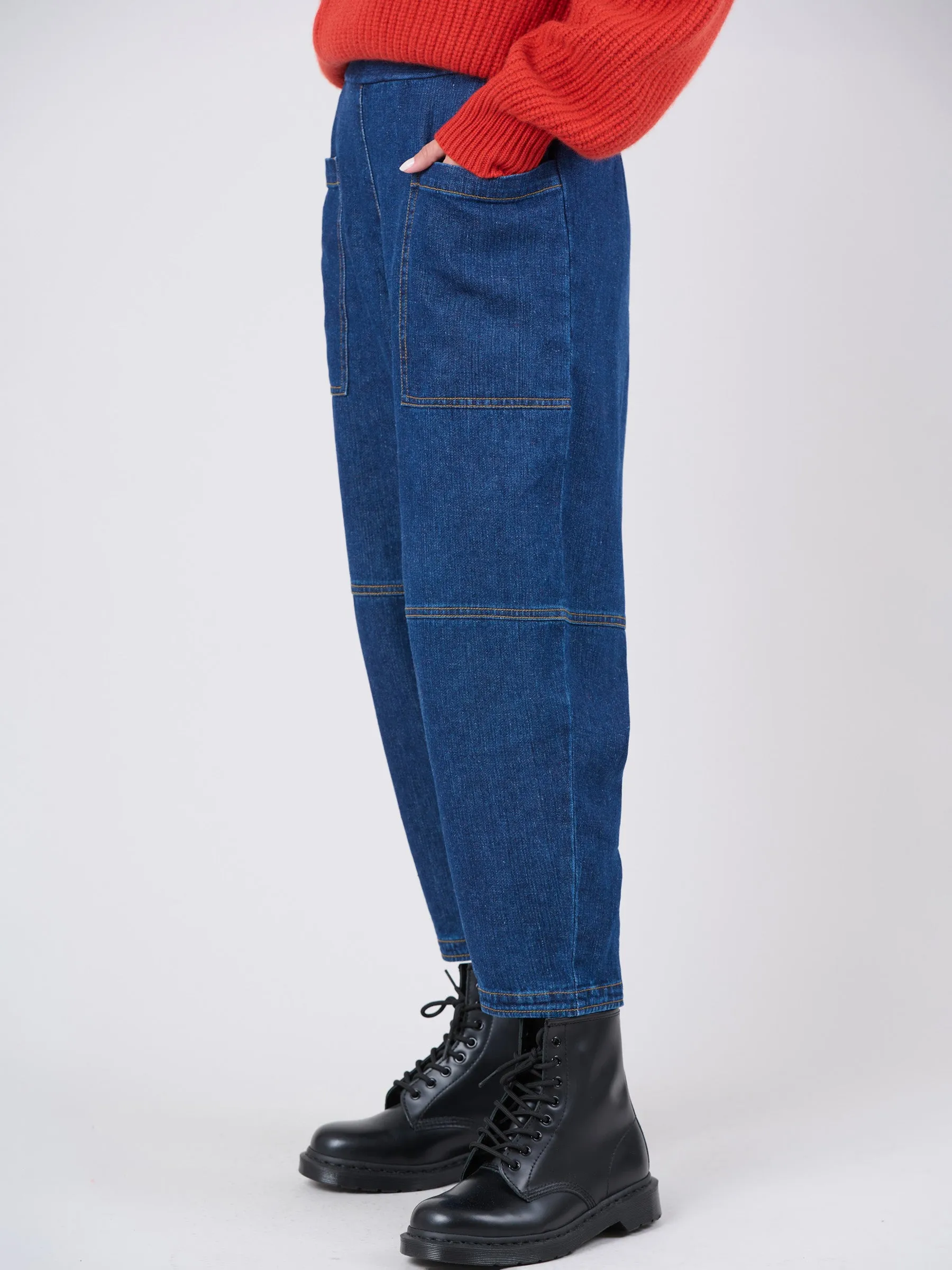 Waste Yarn Denim Cropped Barrel Leg Jeans