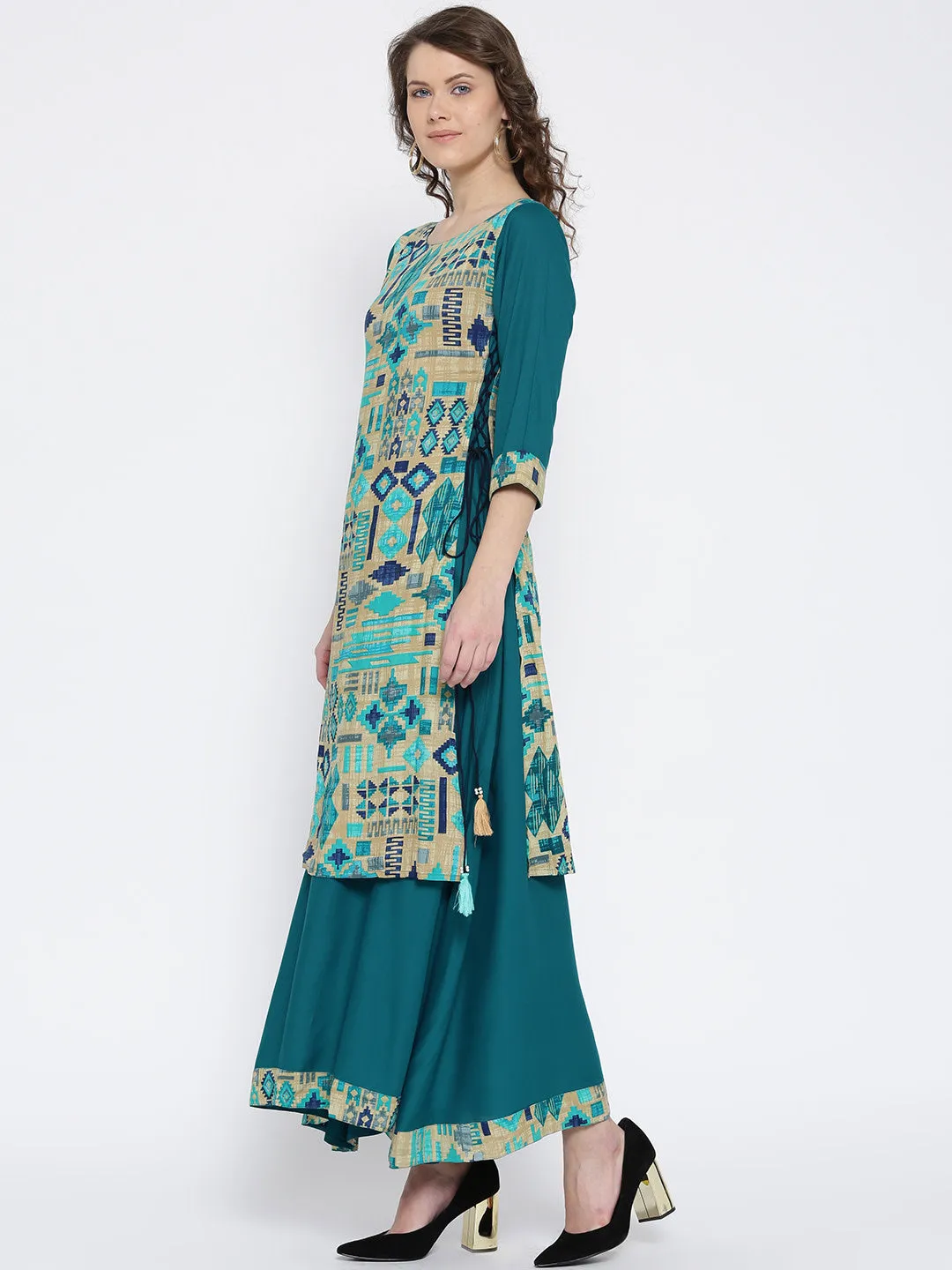 Women Beige & Teal Rayon Printed Dress