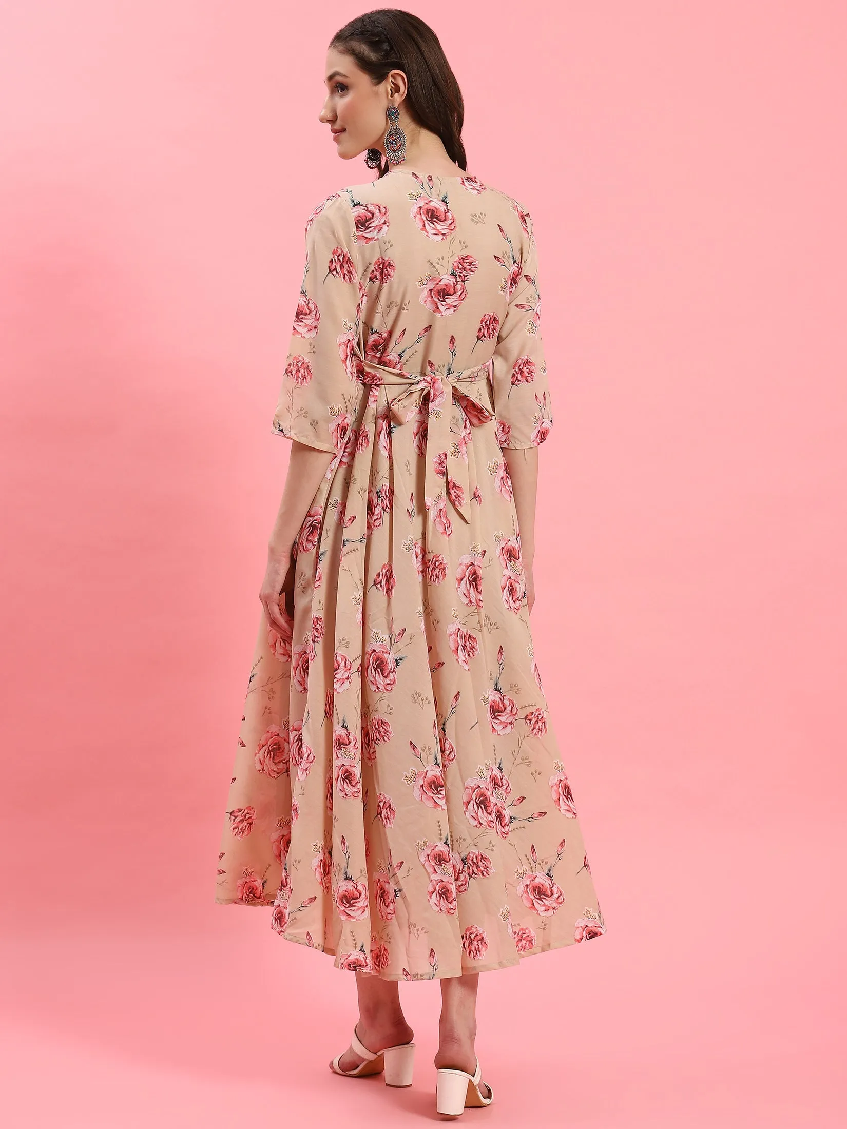 Women Beige Floral Printed Dress