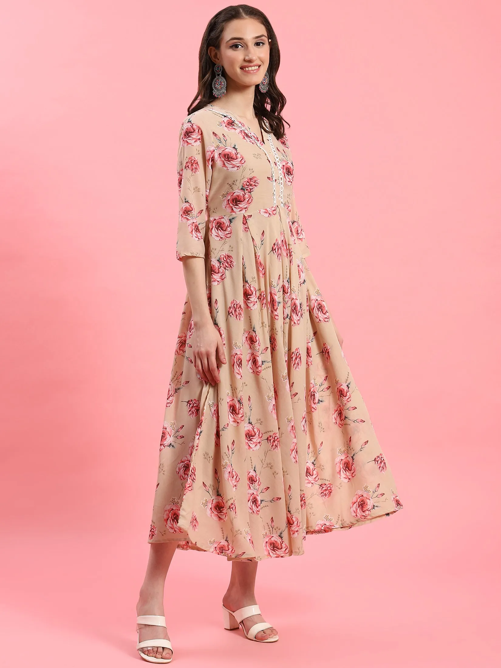 Women Beige Floral Printed Dress