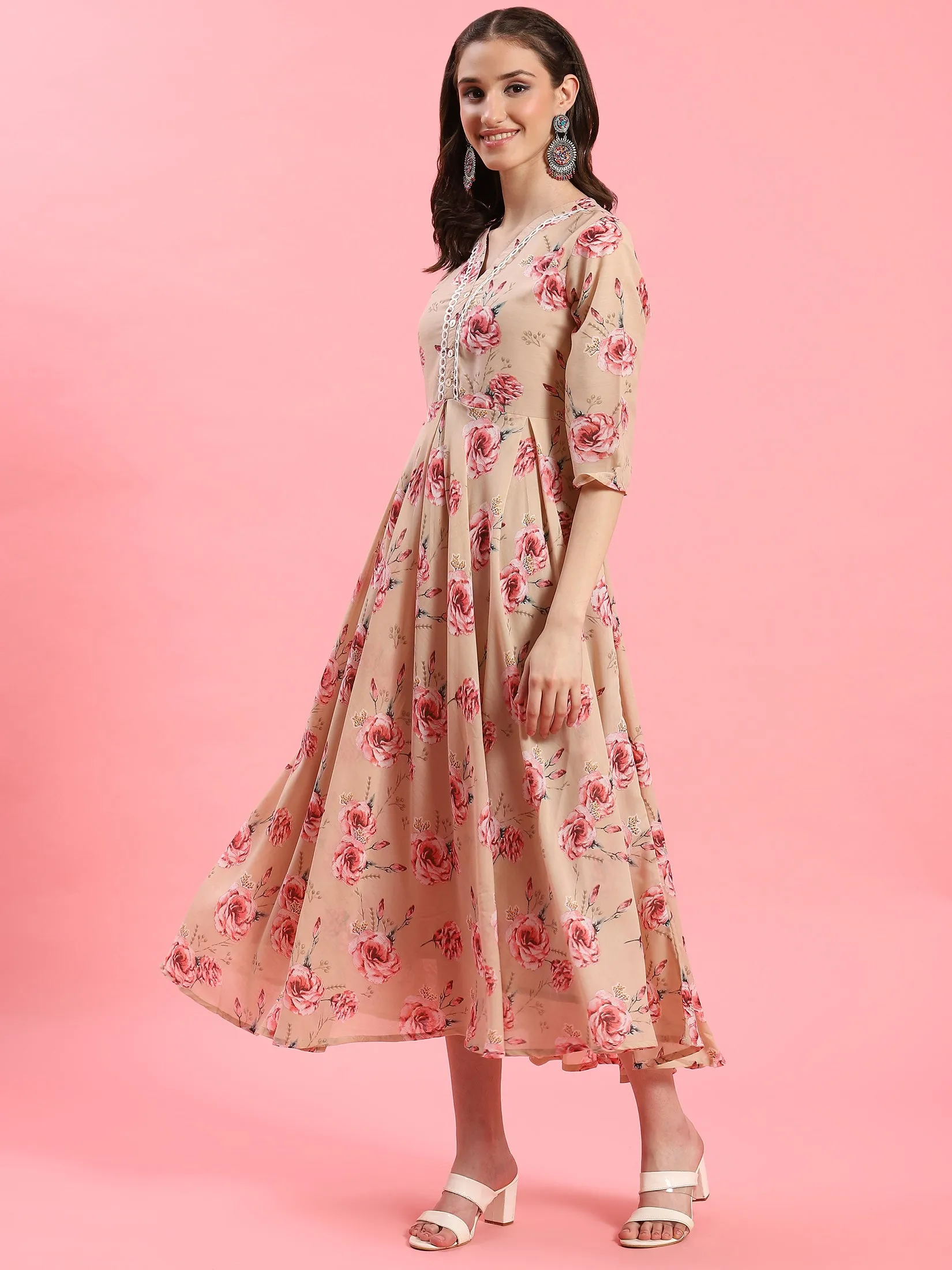 Women Beige Floral Printed Dress