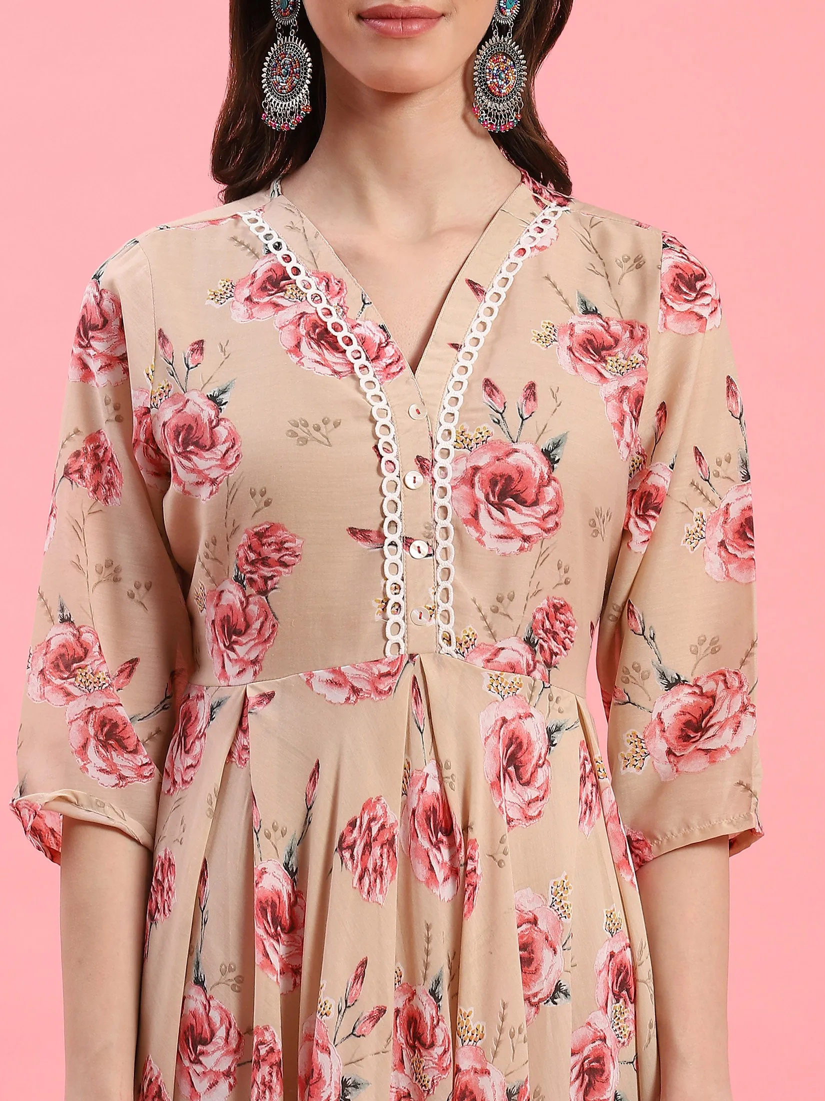 Women Beige Floral Printed Dress