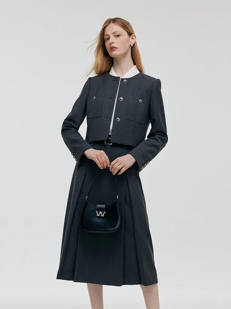 Wool Blend Crop Jacket And A-Line Skirt Two-Piece Set With Leather Belt