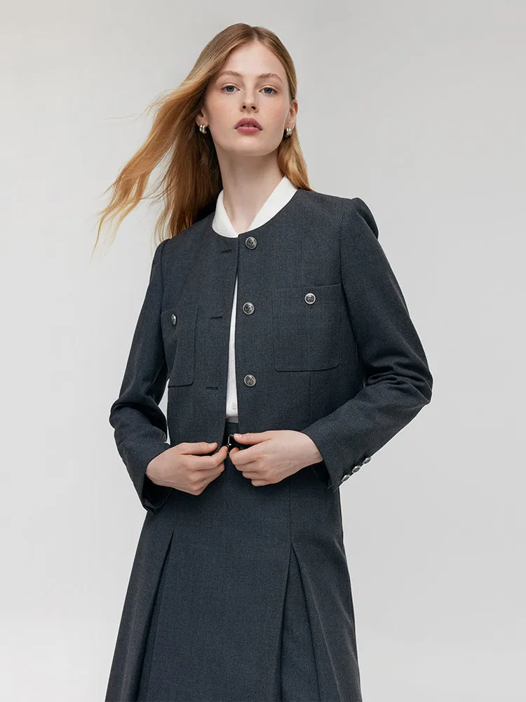 Wool Blend Crop Jacket And A-Line Skirt Two-Piece Set With Leather Belt