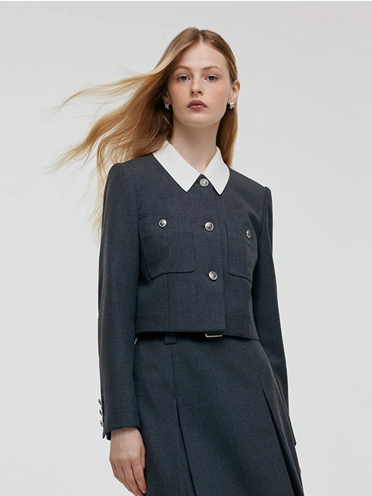 Wool Blend Crop Jacket And A-Line Skirt Two-Piece Set With Leather Belt