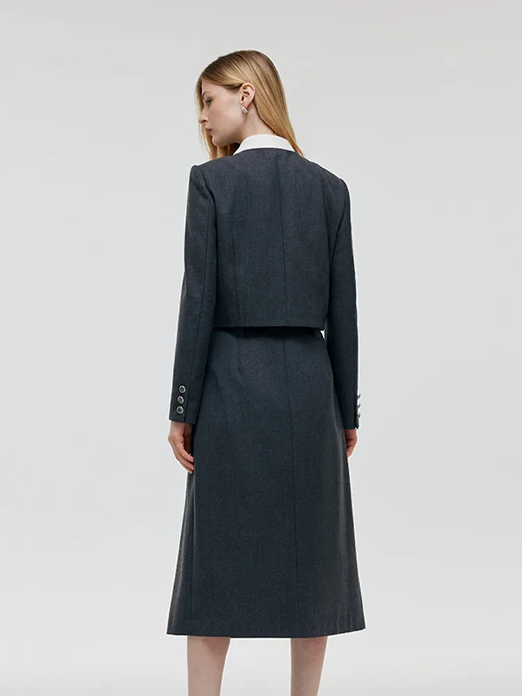 Wool Blend Crop Jacket And A-Line Skirt Two-Piece Set With Leather Belt