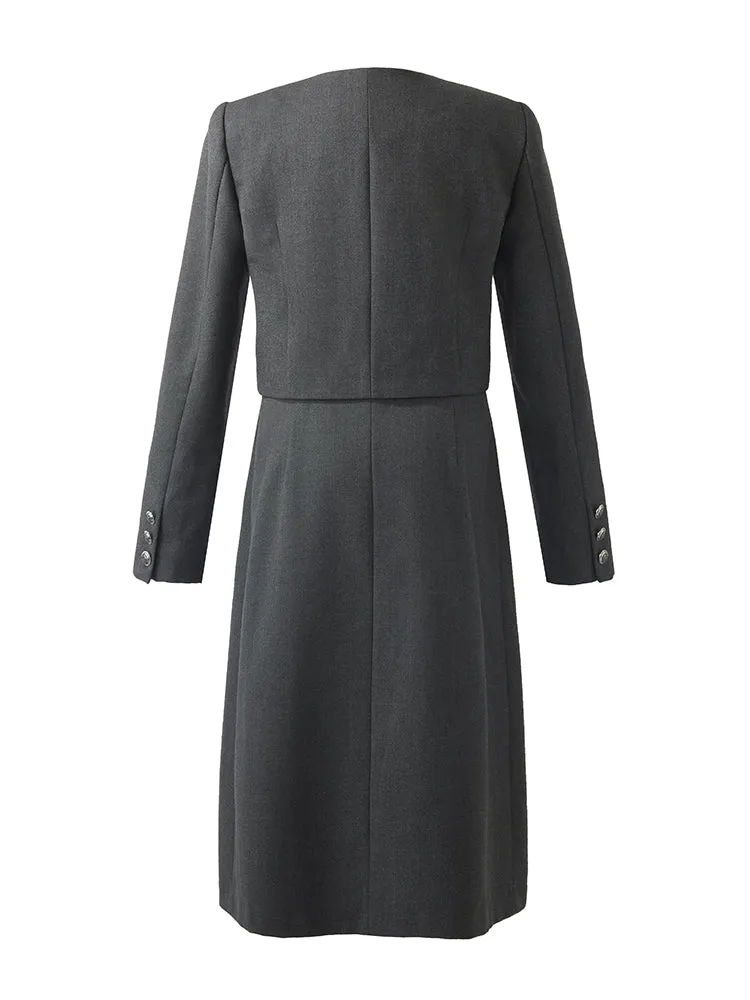 Wool Blend Crop Jacket And A-Line Skirt Two-Piece Set With Leather Belt