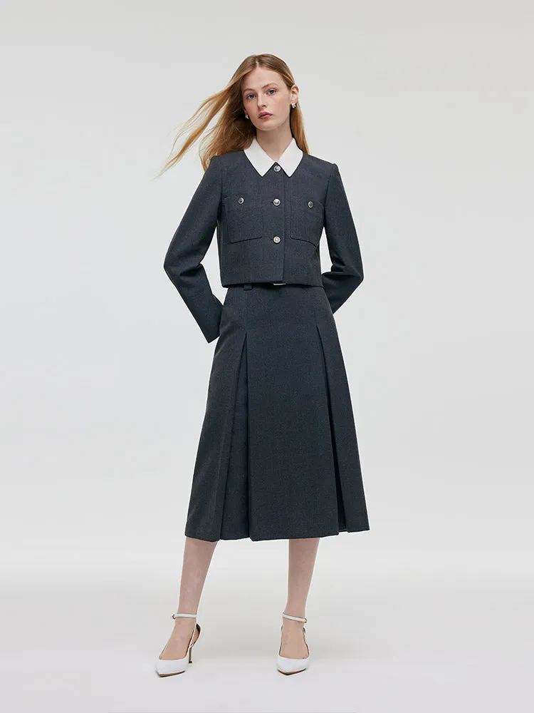 Wool Blend Crop Jacket And A-Line Skirt Two-Piece Set With Leather Belt