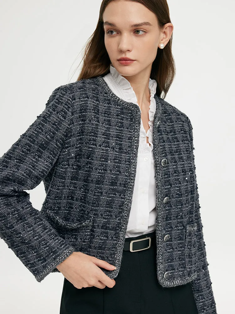 Wool Blend Tweed Sequins Women Crop Jacket