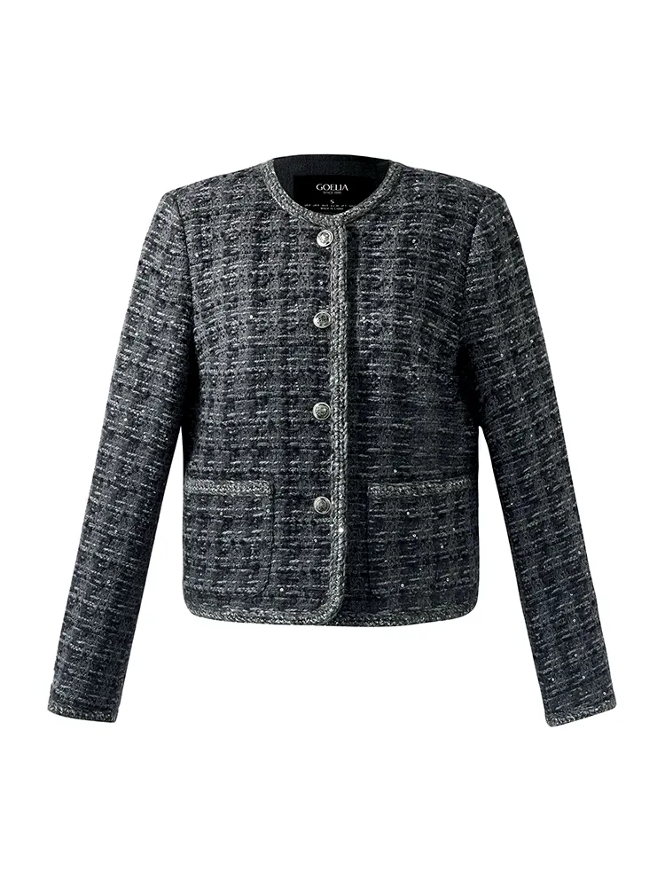 Wool Blend Tweed Sequins Women Crop Jacket