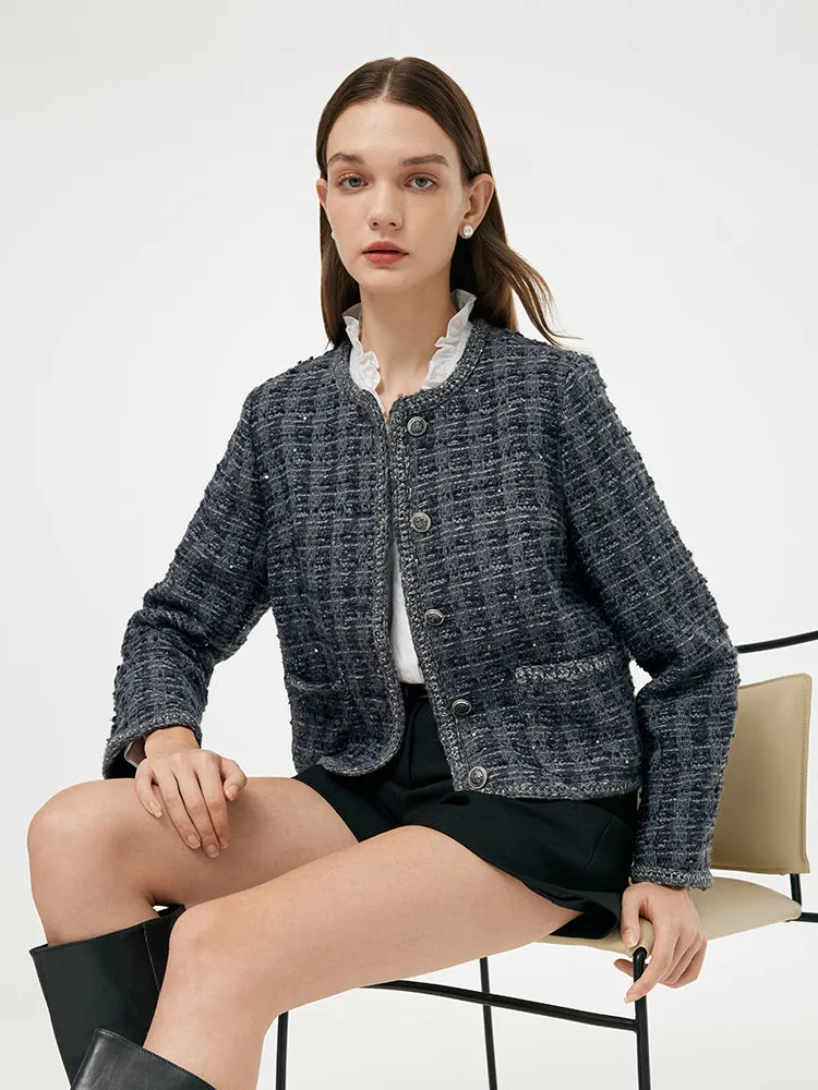 Wool Blend Tweed Sequins Women Crop Jacket