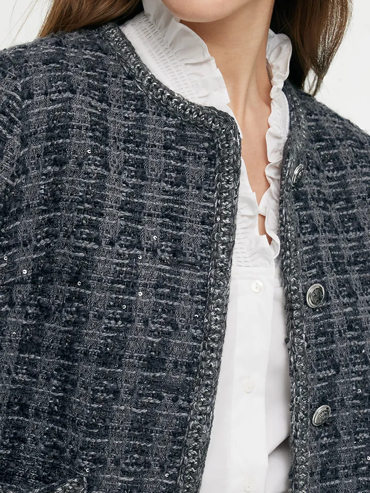 Wool Blend Tweed Sequins Women Crop Jacket