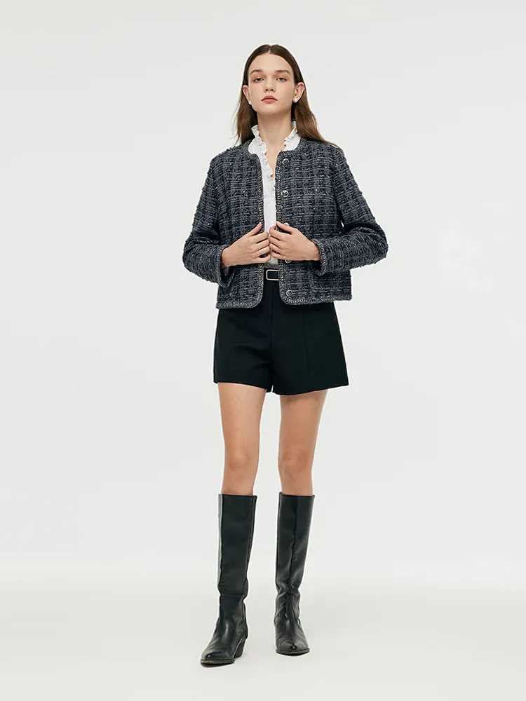 Wool Blend Tweed Sequins Women Crop Jacket